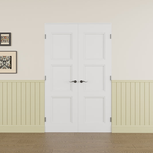 JUJUBON Prehung French Door, 3 Panel Molded Solid Core Door Slabs with Jamb, Black Hinges, 4 Levers & Latch, Solid Core Interior Doors, Pre-Finished & Paintable, MDF Double Doors Interior