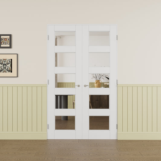 JUJUBON Prehung French Door, 5-Lite Clear Glass Panel with Sliver Handware Kits, 4 Levers & Latch, Solid Core Interior Doors, Pre-Finished & Paintable, MDF Double Doors Interior