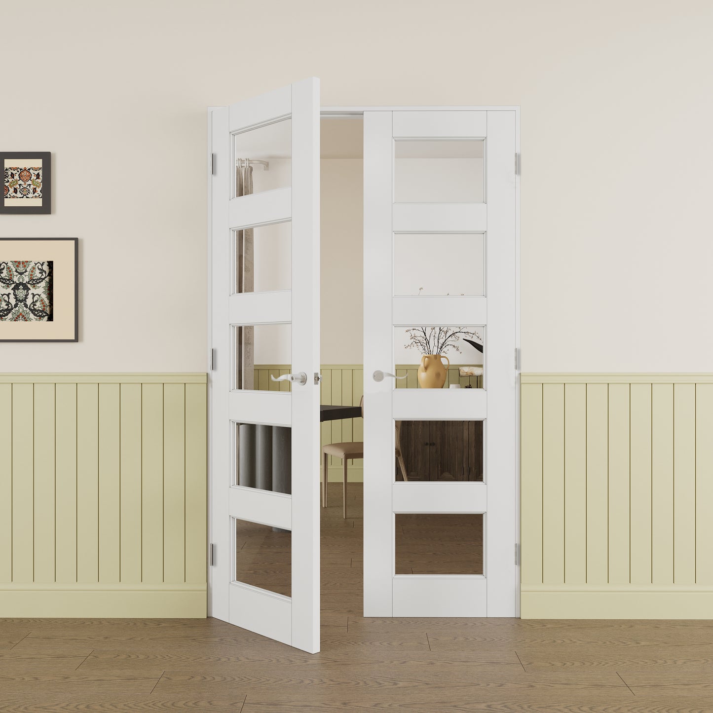 JUJUBON Prehung French Door, 5-Lite Clear Glass Panel with Sliver Handware Kits, 4 Levers & Latch, Solid Core Interior Doors, Pre-Finished & Paintable, MDF Double Doors Interior