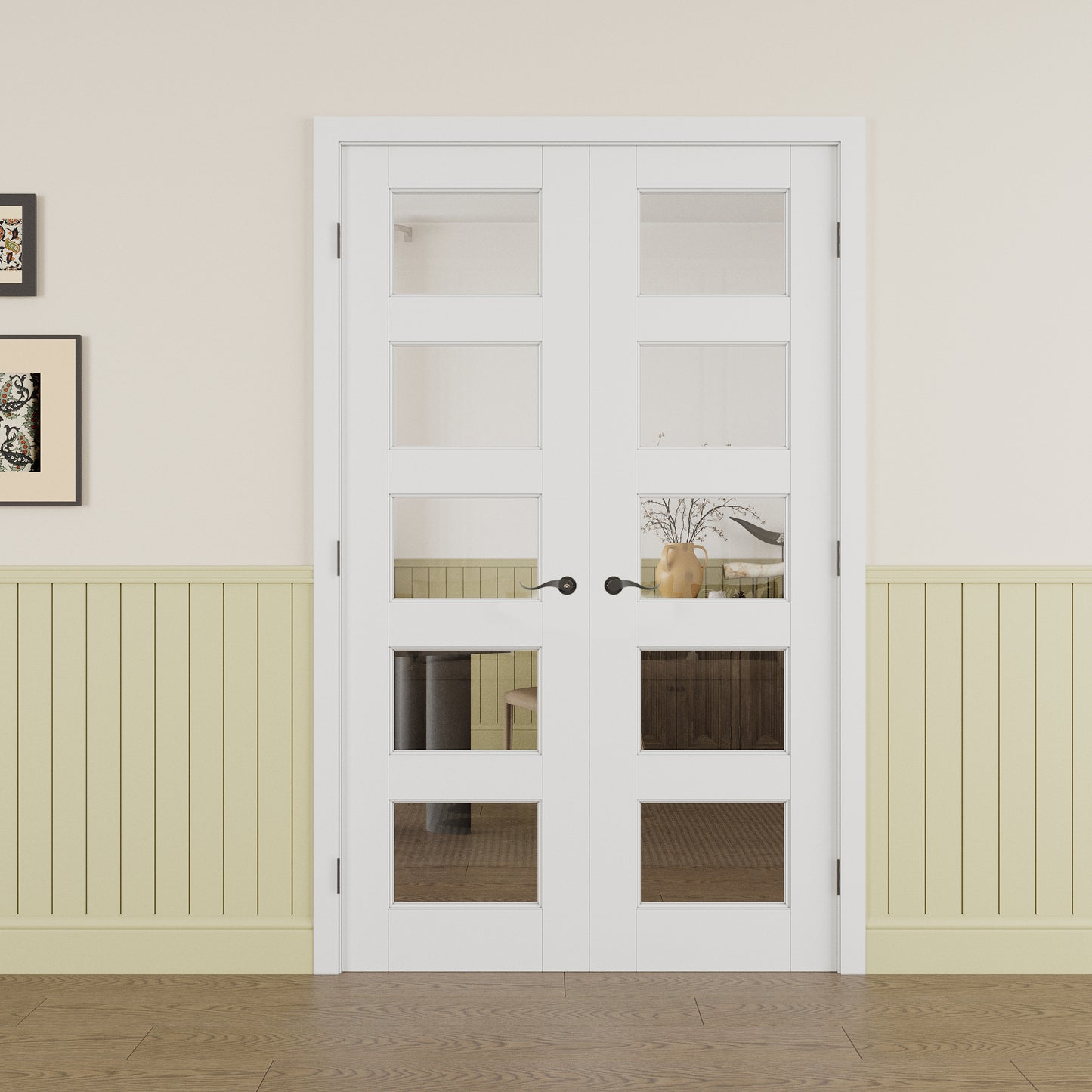 Jujubon 5-Lite Clear Glass White Solid Core Double Prehung French Door with Ready-to-Assemble Jamb