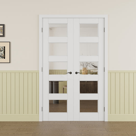 Jujubon 5-Lite Clear Glass White Solid Core Double Prehung French Door with Ready-to-Assemble Jamb