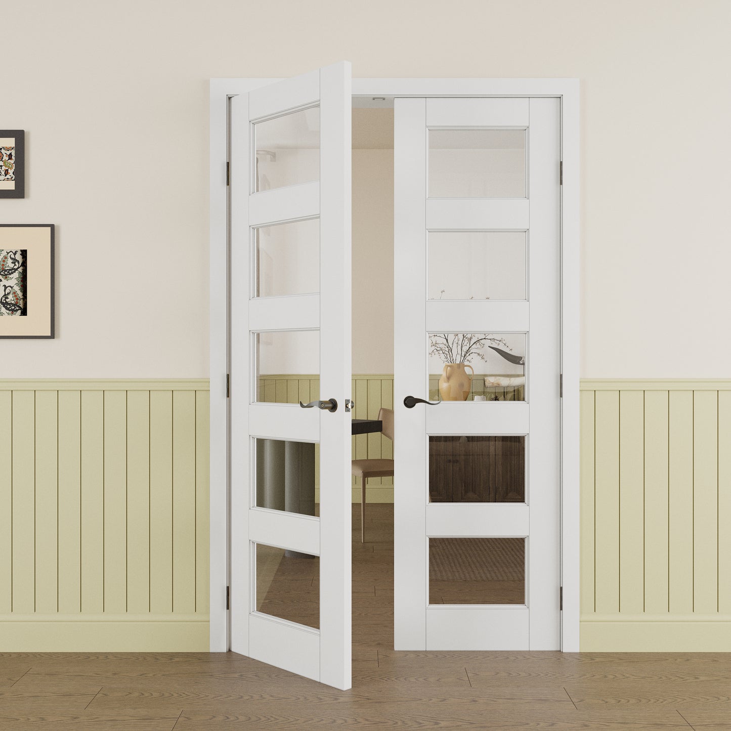 Jujubon 5-Lite Clear Glass White Solid Core Double Prehung French Door with Ready-to-Assemble Jamb