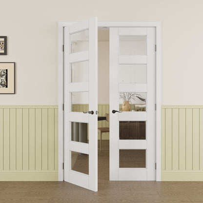 Jujubon 5-Lite Clear Glass White Solid Core Double Prehung French Door with Ready-to-Assemble Jamb