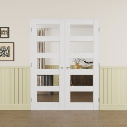JUJUBON Prehung French Door, 5-Lite Clear Glass Panel with Sliver Handware Kits, 4 Levers & Latch, Solid Core Interior Doors, Pre-Finished & Paintable, MDF Double Doors Interior