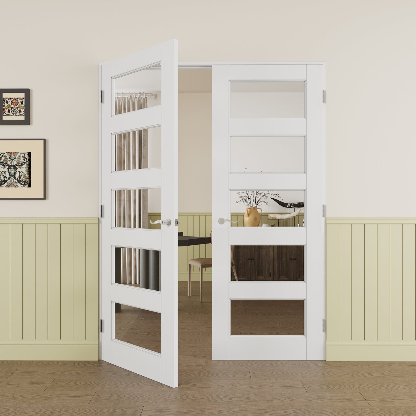 JUJUBON Prehung French Door, 5-Lite Clear Glass Panel with Sliver Handware Kits, 4 Levers & Latch, Solid Core Interior Doors, Pre-Finished & Paintable, MDF Double Doors Interior