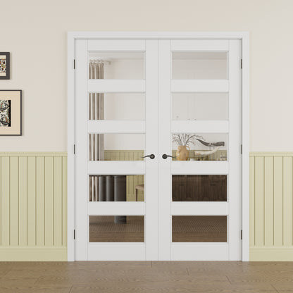 Jujubon 5-Lite Clear Glass White Solid Core Double Prehung French Door with Ready-to-Assemble Jamb