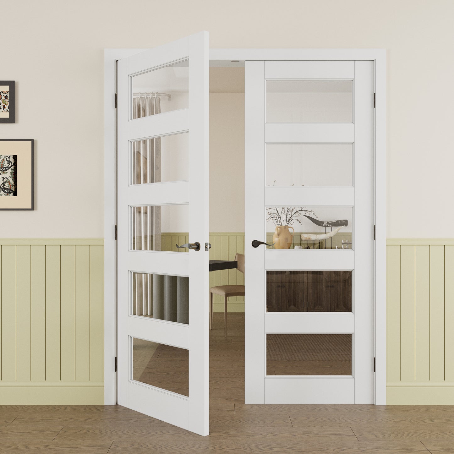 Jujubon 5-Lite Clear Glass White Solid Core Double Prehung French Door with Ready-to-Assemble Jamb