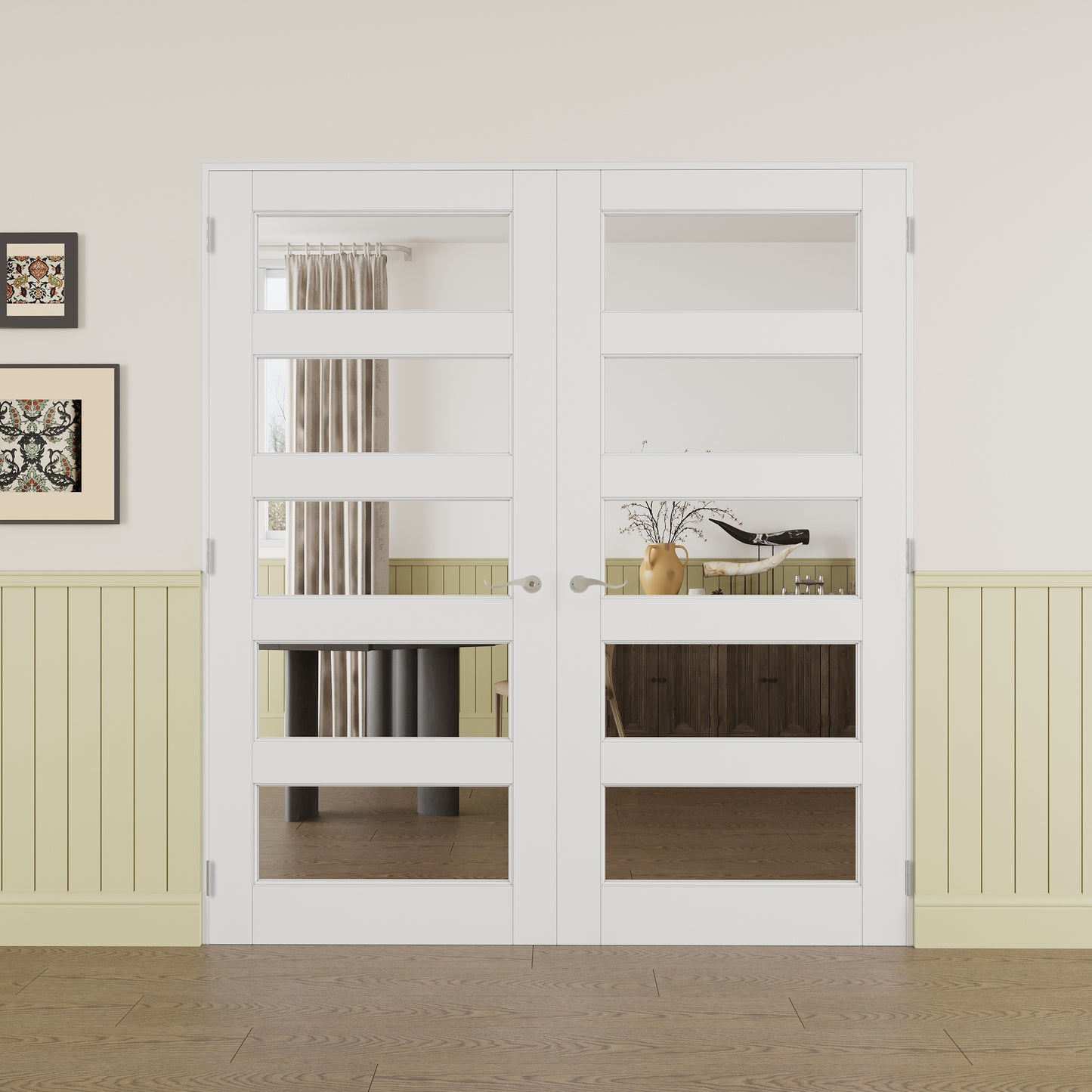 JUJUBON Prehung French Door, 5-Lite Clear Glass Panel with Sliver Handware Kits, 4 Levers & Latch, Solid Core Interior Doors, Pre-Finished & Paintable, MDF Double Doors Interior