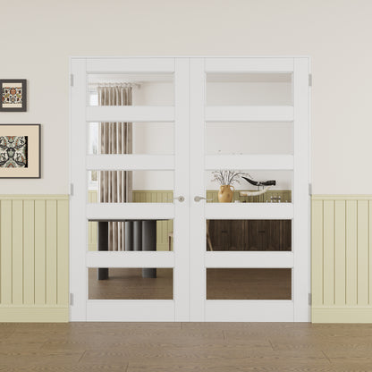 JUJUBON Prehung French Door, 5-Lite Clear Glass Panel with Sliver Handware Kits, 4 Levers & Latch, Solid Core Interior Doors, Pre-Finished & Paintable, MDF Double Doors Interior
