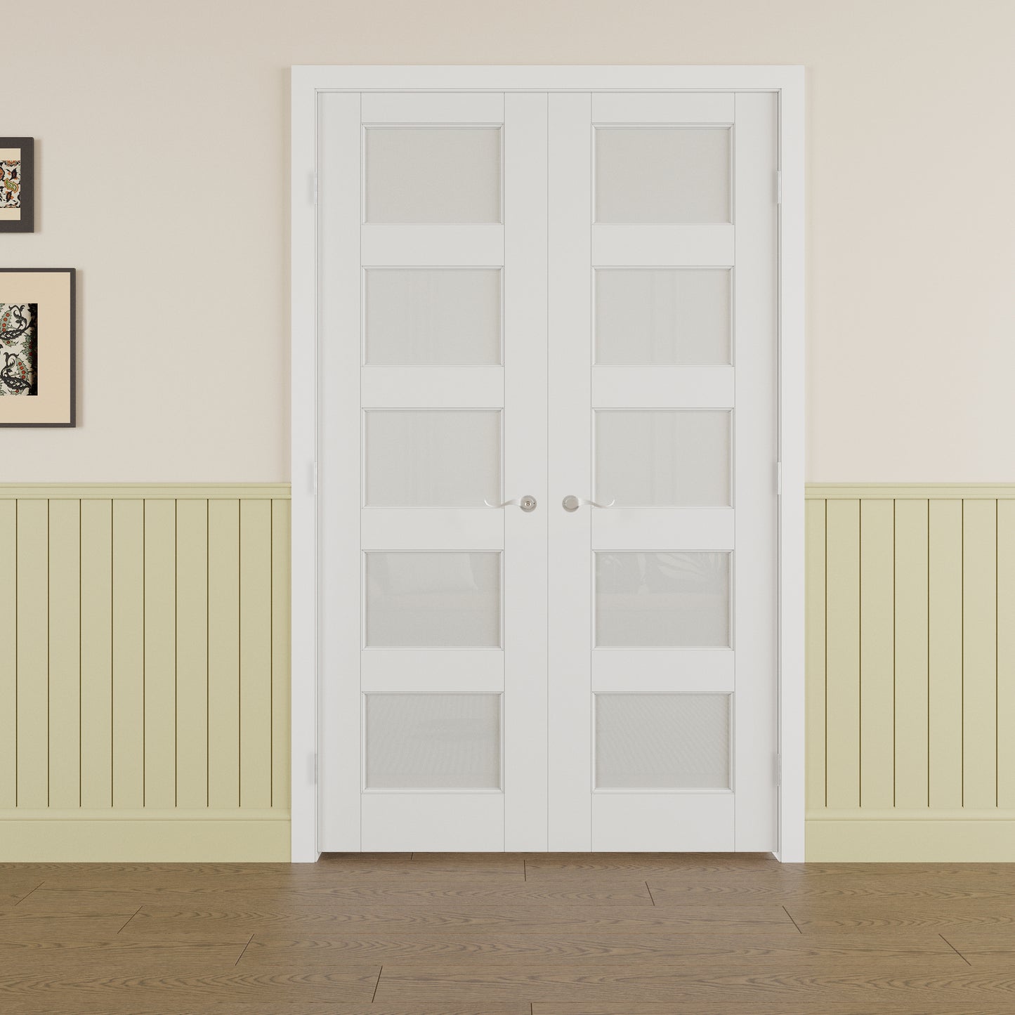 JUJUBON Prehung French Door, 5-Lite Frosted Glass Panel with Sliver Handware Kits, 4 Levers & Latch, Solid Core Interior Doors, Pre-Finished & Paintable, MDF Double Doors Interior