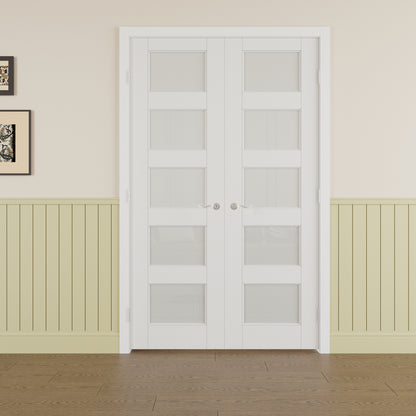 JUJUBON Prehung French Door, 5-Lite Frosted Glass Panel with Sliver Handware Kits, 4 Levers & Latch, Solid Core Interior Doors, Pre-Finished & Paintable, MDF Double Doors Interior