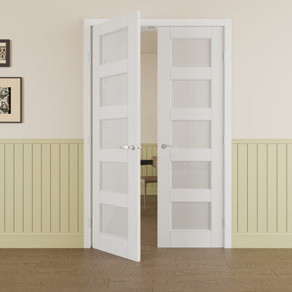 JUJUBON Prehung French Door, 5-Lite Frosted Glass Panel with Sliver Handware Kits, 4 Levers & Latch, Solid Core Interior Doors, Pre-Finished & Paintable, MDF Double Doors Interior