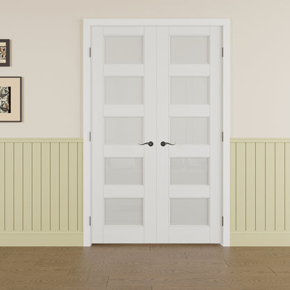 JUJUBON Prehung French Door, 5 Lite Tempered Frosted Glass Door Slabs with Jamb, Black Hinges, 4 Levers & Latch, Solid Core Interior Doors, Pre-Finished & Paintable, MDF Double Doors Interior