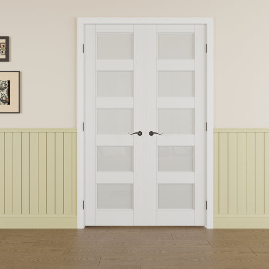 JUJUBON Prehung French Door, 5 Lite Tempered Frosted Glass Door Slabs with Jamb, Black Hinges, 4 Levers & Latch, Solid Core Interior Doors, Pre-Finished & Paintable, MDF Double Doors Interior