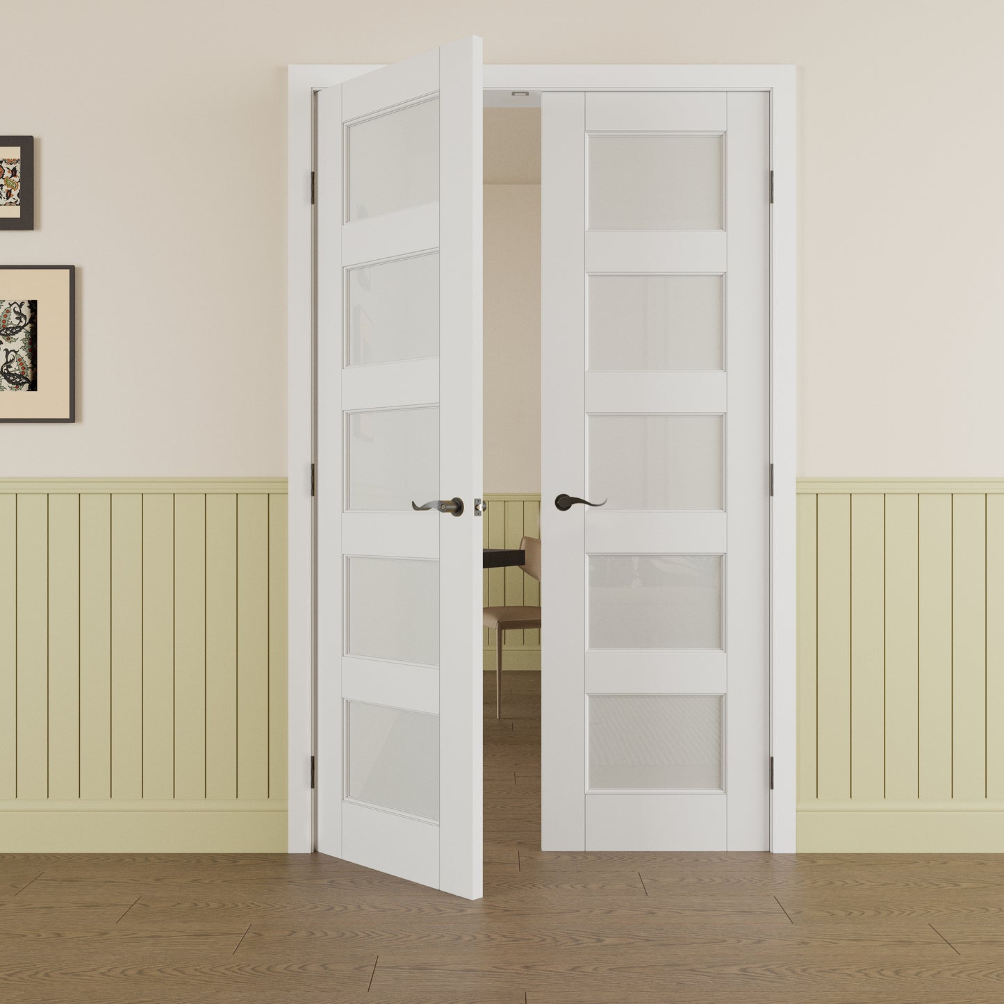 JUJUBON Prehung French Door, 5 Lite Tempered Frosted Glass Door Slabs with Jamb, Black Hinges, 4 Levers & Latch, Solid Core Interior Doors, Pre-Finished & Paintable, MDF Double Doors Interior