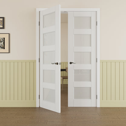 JUJUBON Prehung French Door, 5 Lite Tempered Frosted Glass Door Slabs with Jamb, Black Hinges, 4 Levers & Latch, Solid Core Interior Doors, Pre-Finished & Paintable, MDF Double Doors Interior