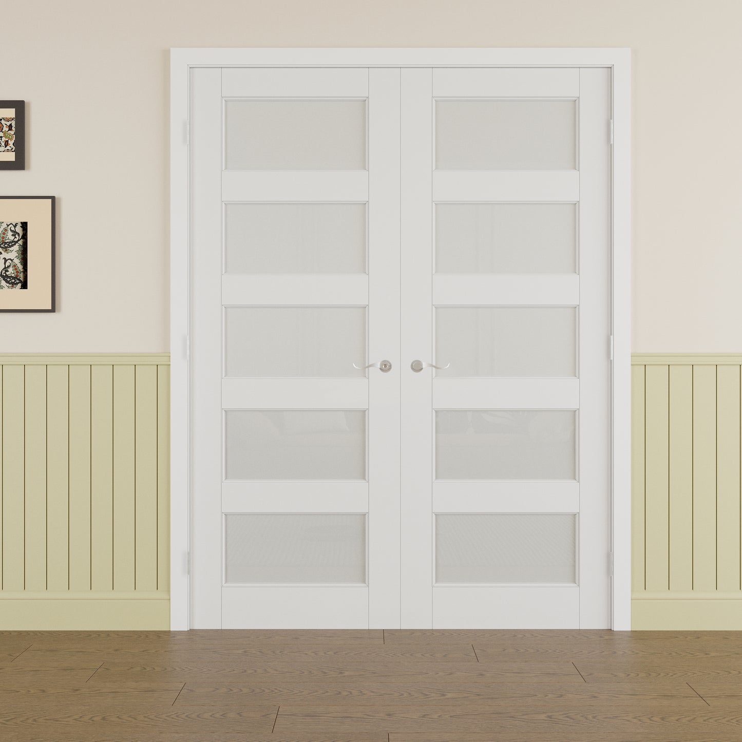 JUJUBON Prehung French Door, 5-Lite Frosted Glass Panel with Sliver Handware Kits, 4 Levers & Latch, Solid Core Interior Doors, Pre-Finished & Paintable, MDF Double Doors Interior
