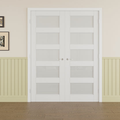 JUJUBON Prehung French Door, 5-Lite Frosted Glass Panel with Sliver Handware Kits, 4 Levers & Latch, Solid Core Interior Doors, Pre-Finished & Paintable, MDF Double Doors Interior