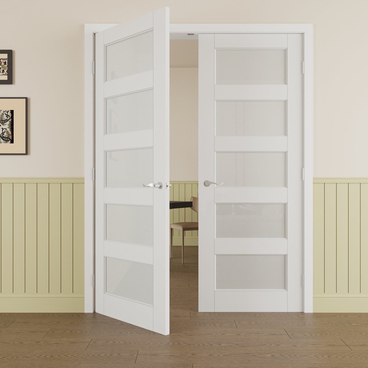 JUJUBON Prehung French Door, 5-Lite Frosted Glass Panel with Sliver Handware Kits, 4 Levers & Latch, Solid Core Interior Doors, Pre-Finished & Paintable, MDF Double Doors Interior