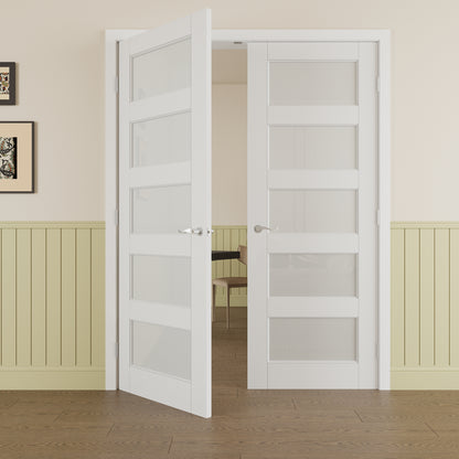 JUJUBON Prehung French Door, 5-Lite Frosted Glass Panel with Sliver Handware Kits, 4 Levers & Latch, Solid Core Interior Doors, Pre-Finished & Paintable, MDF Double Doors Interior