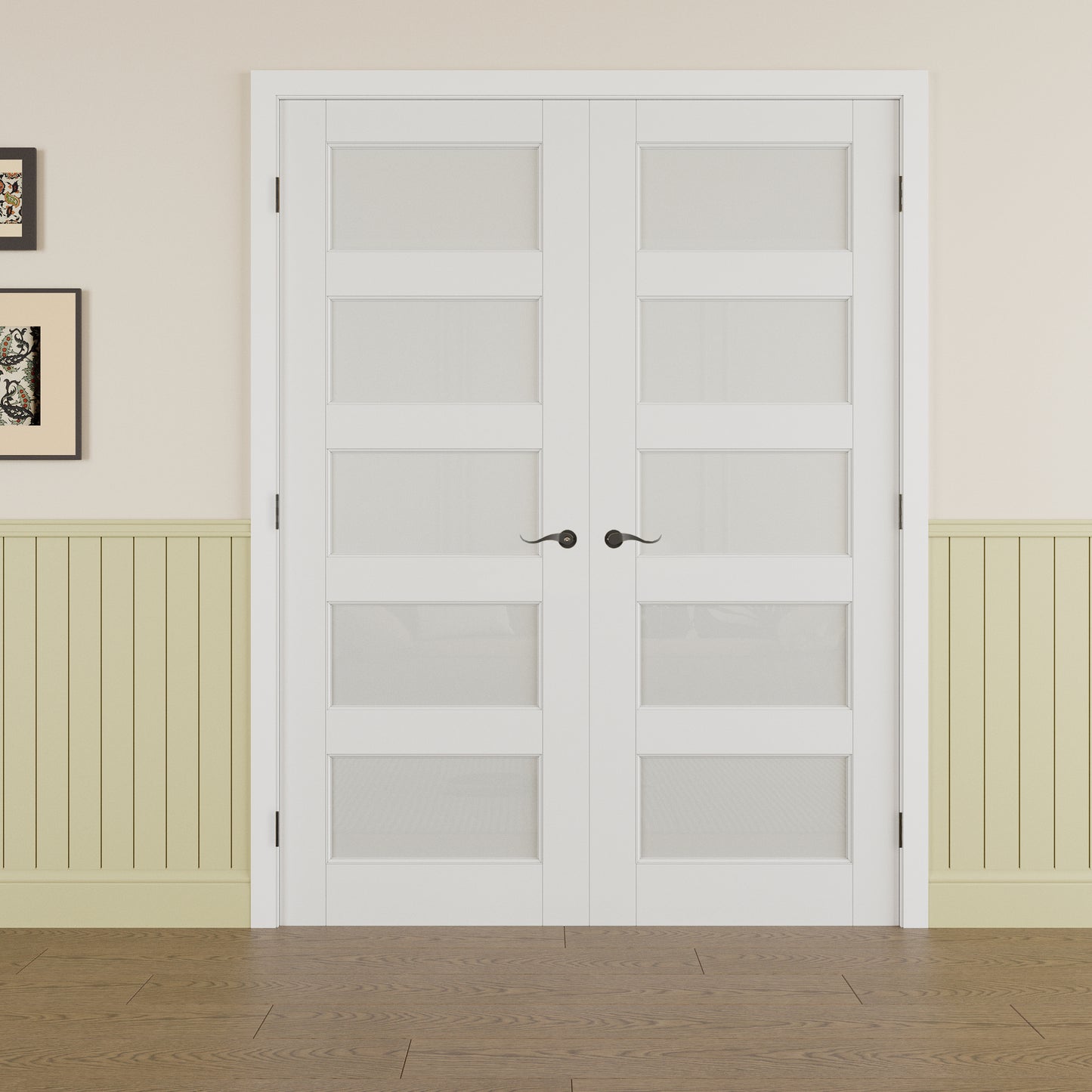 JUJUBON Prehung French Door, 5 Lite Tempered Frosted Glass Door Slabs with Jamb, Black Hinges, 4 Levers & Latch, Solid Core Interior Doors, Pre-Finished & Paintable, MDF Double Doors Interior