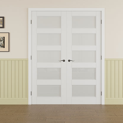 JUJUBON Prehung French Door, 5 Lite Tempered Frosted Glass Door Slabs with Jamb, Black Hinges, 4 Levers & Latch, Solid Core Interior Doors, Pre-Finished & Paintable, MDF Double Doors Interior