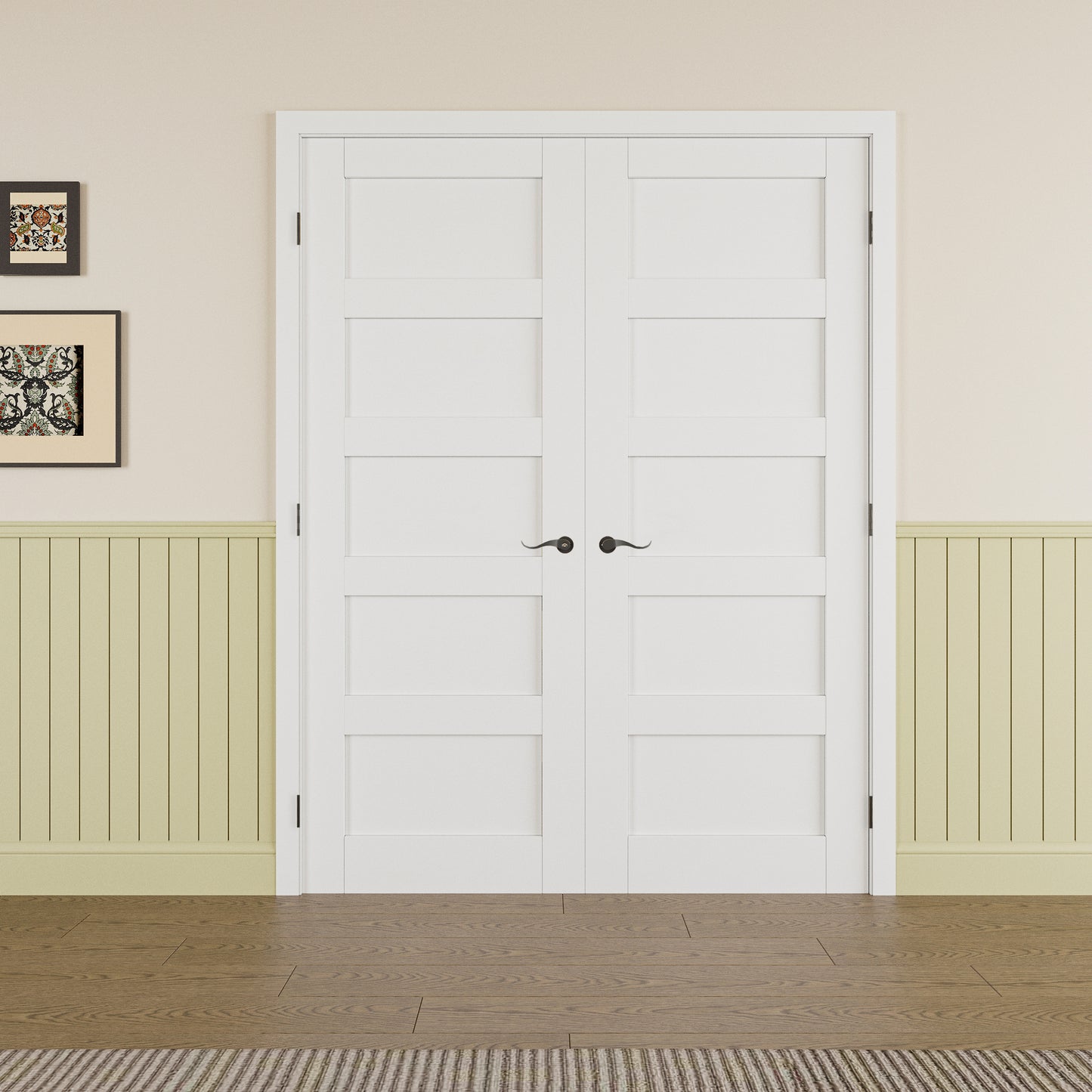JUJUBON Prehung French Door, 5 Panel Solid Core Door Slabs with Jamb, Black Hinges, 4 Levers & Latch, Solid Core Interior Doors, Pre-Finished & Paintable, MDF Double Doors Interior