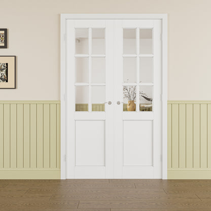 JUJUBON Prehung French Door, 6-Lite Clear Glass Panel with Sliver Handware Kits, 4 Levers & Latch, Solid Core Interior Doors, Pre-Finished & Paintable, MDF Double Doors Interior