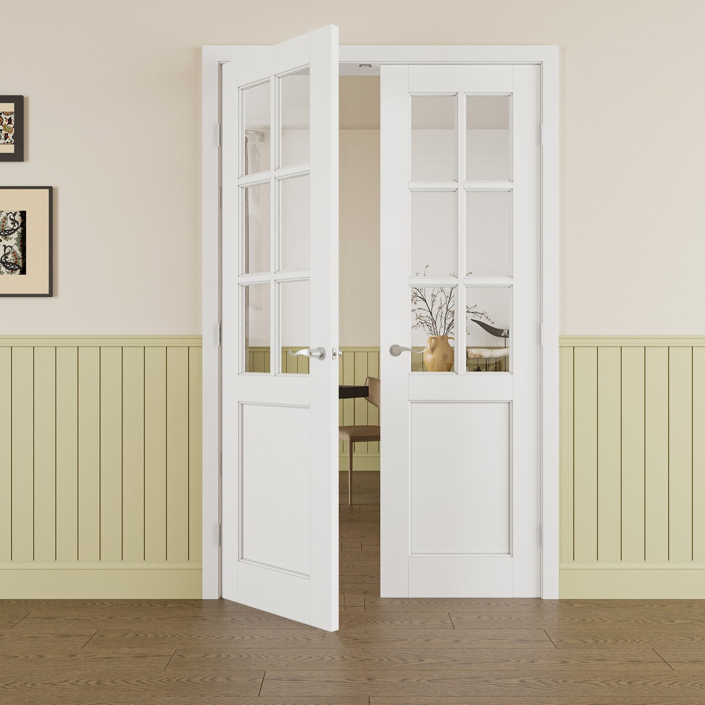 JUJUBON Prehung French Door, 6-Lite Clear Glass Panel with Sliver Handware Kits, 4 Levers & Latch, Solid Core Interior Doors, Pre-Finished & Paintable, MDF Double Doors Interior