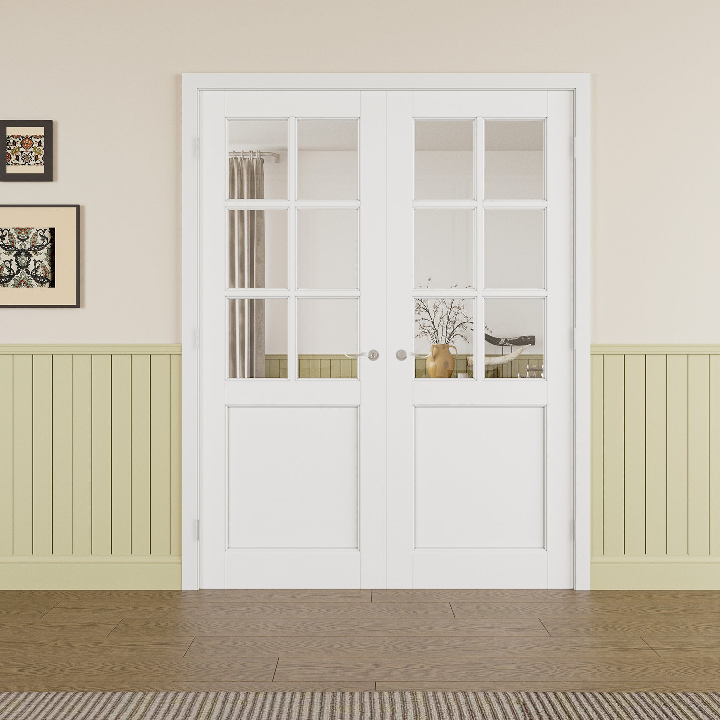 JUJUBON Prehung French Door, 6-Lite Clear Glass Panel with Sliver Handware Kits, 4 Levers & Latch, Solid Core Interior Doors, Pre-Finished & Paintable, MDF Double Doors Interior