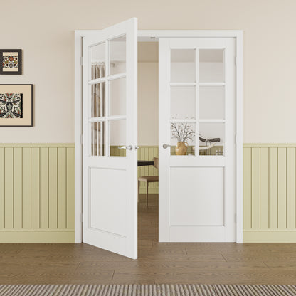 JUJUBON Prehung French Door, 6-Lite Clear Glass Panel with Sliver Handware Kits, 4 Levers & Latch, Solid Core Interior Doors, Pre-Finished & Paintable, MDF Double Doors Interior
