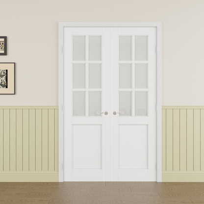 JUJUBON Prehung French Door, 6-Lite Frosted Glass Panel with Sliver Handware Kits, 4 Levers & Latch, Solid Core Interior Doors, Pre-Finished & Paintable, MDF Double Doors Interior