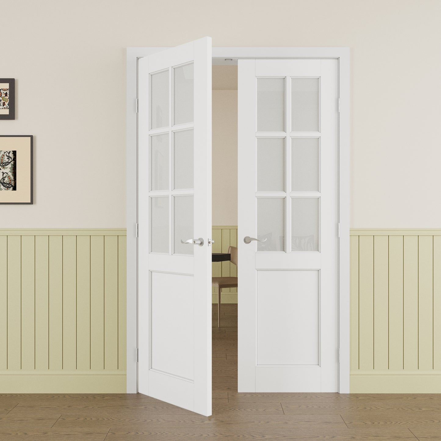 JUJUBON Prehung French Door, 6-Lite Frosted Glass Panel with Sliver Handware Kits, 4 Levers & Latch, Solid Core Interior Doors, Pre-Finished & Paintable, MDF Double Doors Interior