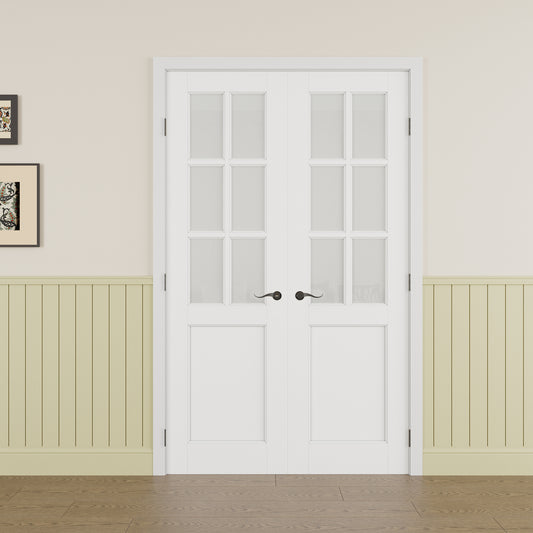 Jujubon 6-Lite Frosted Glass French Door with Hardware Kit & Ready-to-Assemble Jamb, Solid Core MDF Wood, White
