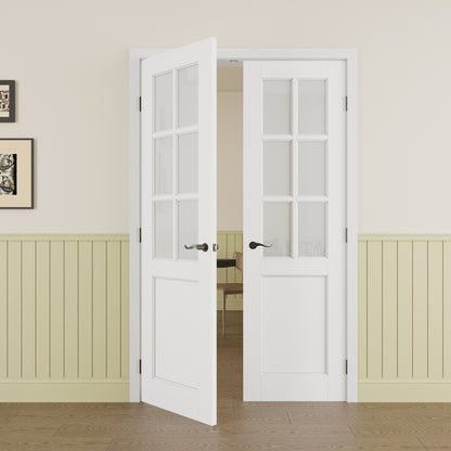 Jujubon 6-Lite Frosted Glass French Door with Hardware Kit & Ready-to-Assemble Jamb, Solid Core MDF Wood, White