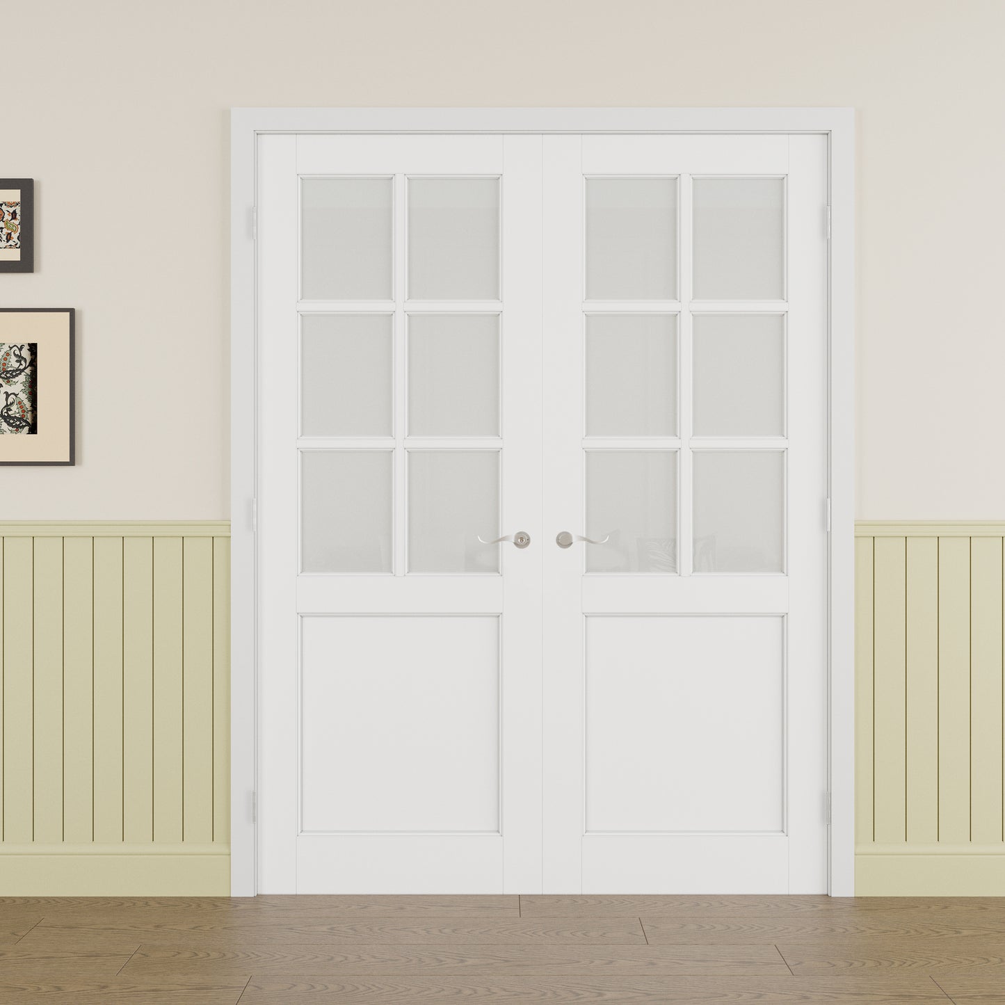 JUJUBON Prehung French Door, 6-Lite Frosted Glass Panel with Sliver Handware Kits, 4 Levers & Latch, Solid Core Interior Doors, Pre-Finished & Paintable, MDF Double Doors Interior