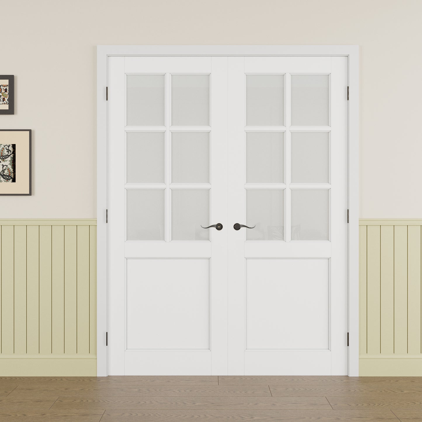 Jujubon 6-Lite Frosted Glass French Door with Hardware Kit & Ready-to-Assemble Jamb, Solid Core MDF Wood, White