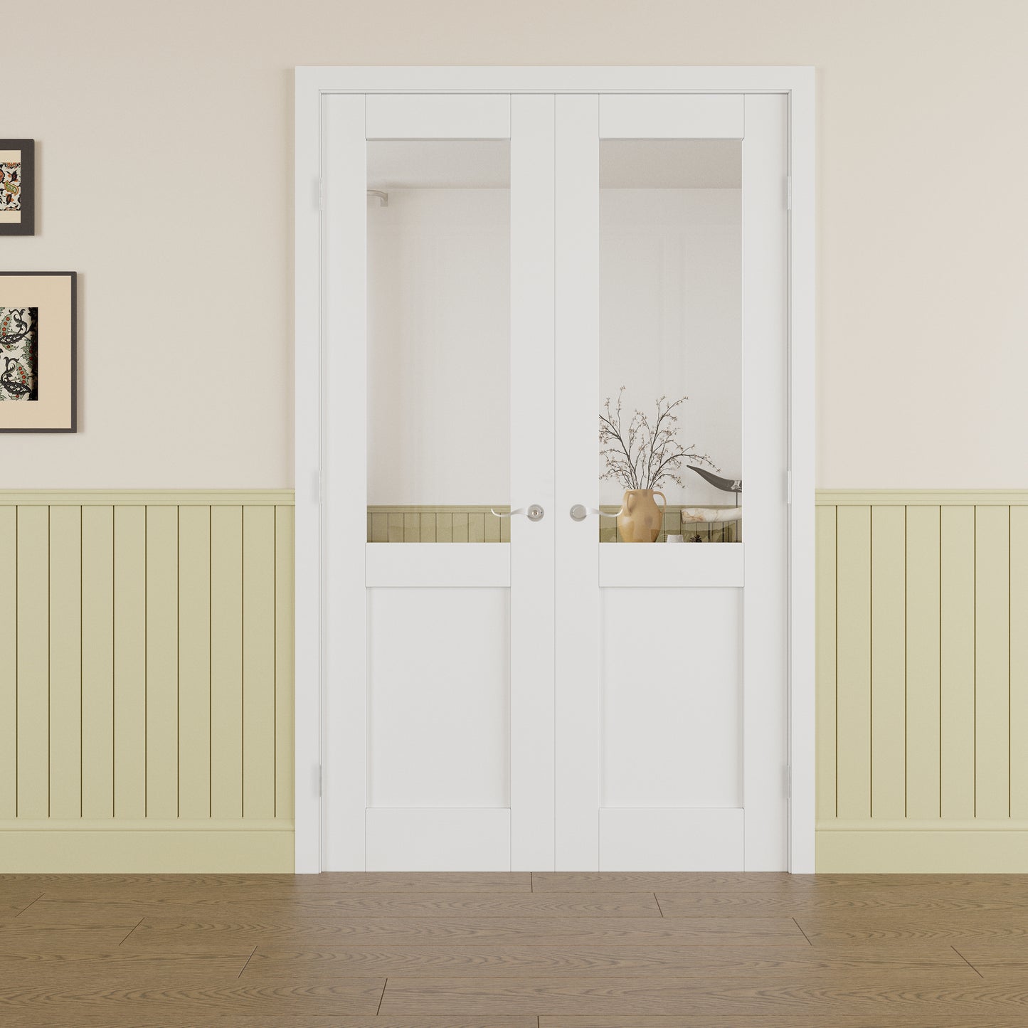 JUJUBON Prehung French Door, Half-Lite Clear Glass Panel with Sliver Handware Kits, 4 Levers & Latch, Solid Core Interior Doors, Pre-Finished & Paintable, MDF Double Doors Interior