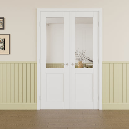 JUJUBON Prehung French Door, Half-Lite Clear Glass Panel with Sliver Handware Kits, 4 Levers & Latch, Solid Core Interior Doors, Pre-Finished & Paintable, MDF Double Doors Interior