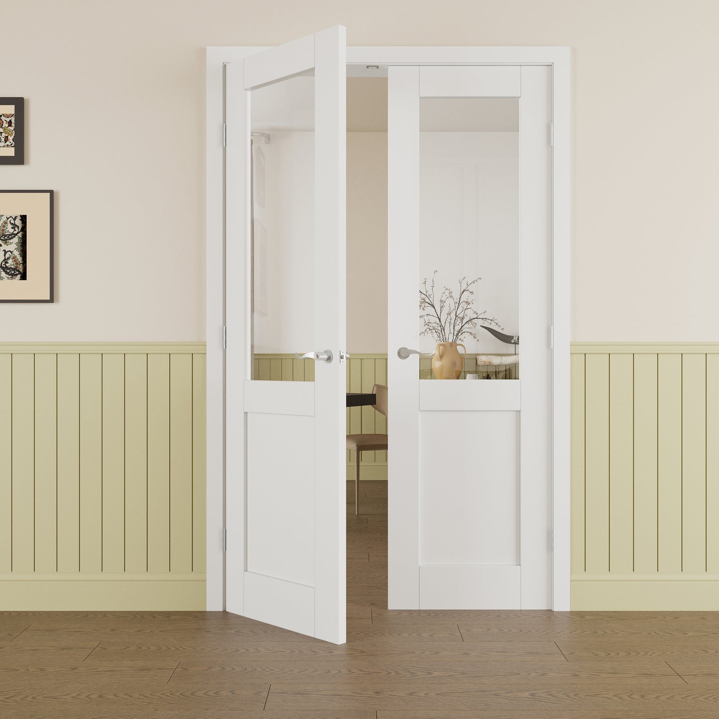 JUJUBON Prehung French Door, Half-Lite Clear Glass Panel with Sliver Handware Kits, 4 Levers & Latch, Solid Core Interior Doors, Pre-Finished & Paintable, MDF Double Doors Interior