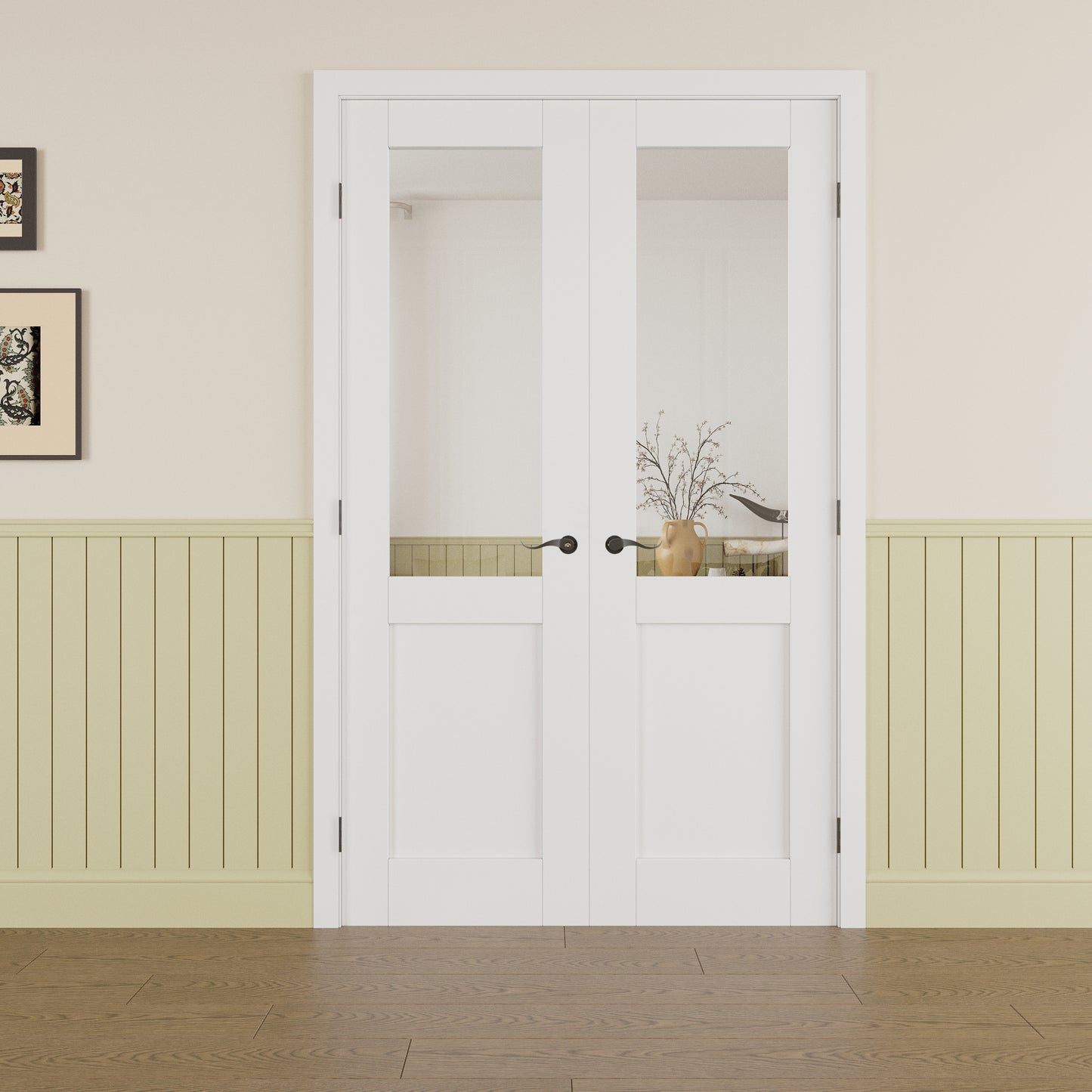 Jujubon Half Lite Clear Glass White Solid Core Double Prehung French Door with Ready-to-Assemble Jamb