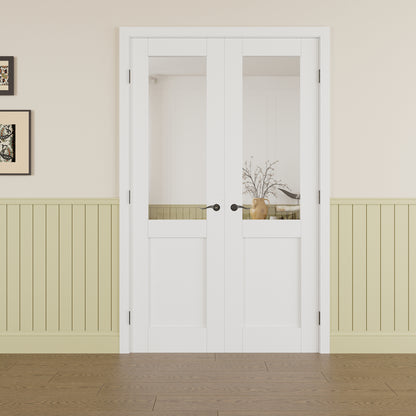 Jujubon Half Lite Clear Glass White Solid Core Double Prehung French Door with Ready-to-Assemble Jamb