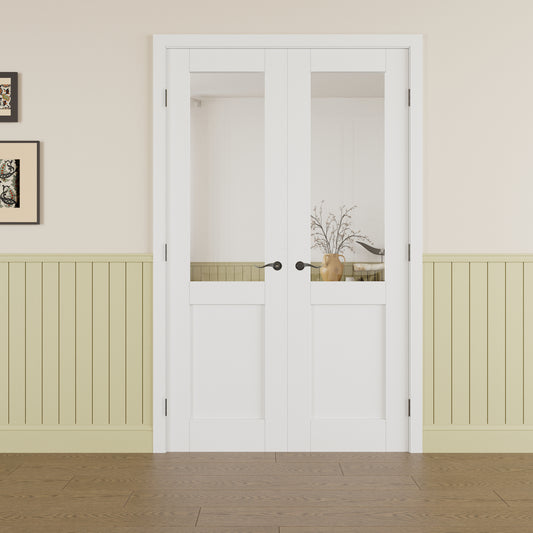 Jujubon Half Lite Clear Glass White Solid Core Double Prehung French Door with Ready-to-Assemble Jamb