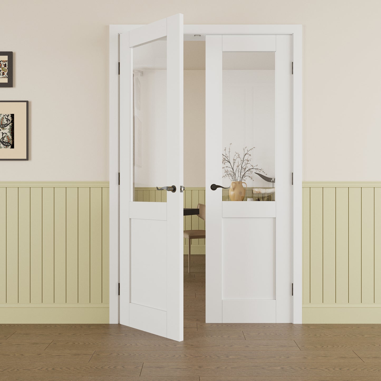 Jujubon Half Lite Clear Glass White Solid Core Double Prehung French Door with Ready-to-Assemble Jamb