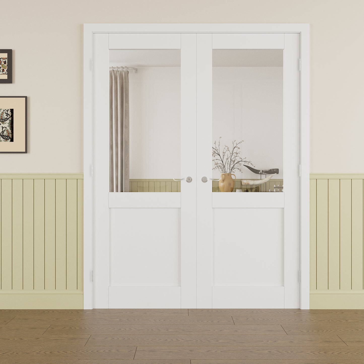 JUJUBON Prehung French Door, Half-Lite Clear Glass Panel with Sliver Handware Kits, 4 Levers & Latch, Solid Core Interior Doors, Pre-Finished & Paintable, MDF Double Doors Interior