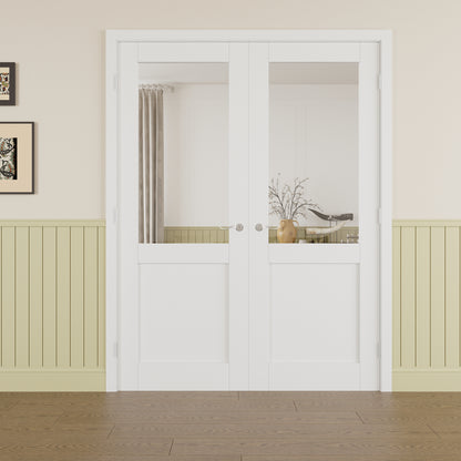 JUJUBON Prehung French Door, Half-Lite Clear Glass Panel with Sliver Handware Kits, 4 Levers & Latch, Solid Core Interior Doors, Pre-Finished & Paintable, MDF Double Doors Interior