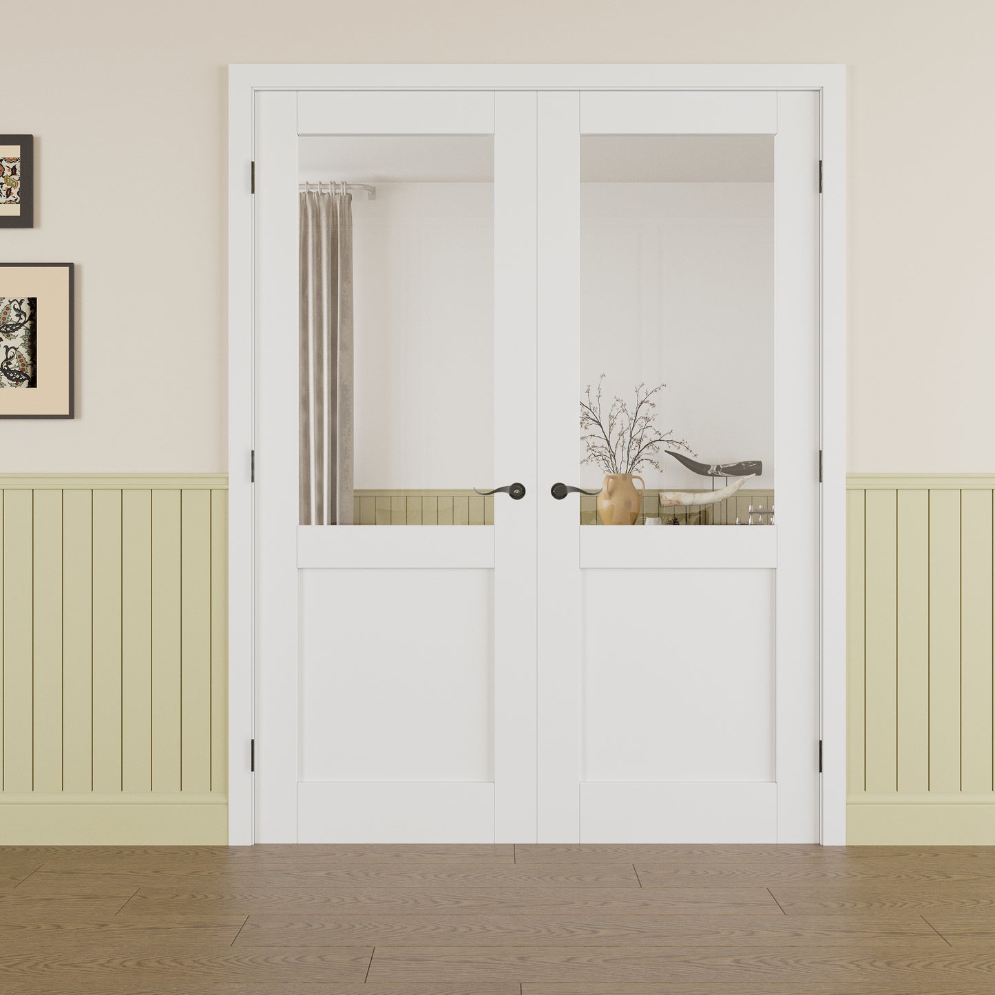 Jujubon Half Lite Clear Glass White Solid Core Double Prehung French Door with Ready-to-Assemble Jamb