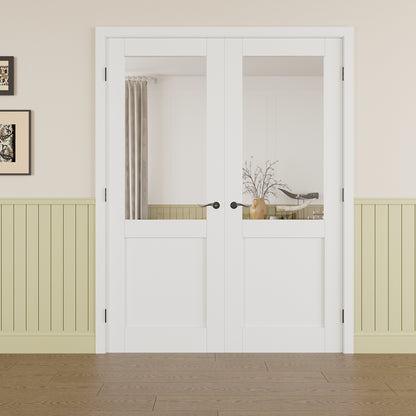 Jujubon Half Lite Clear Glass White Solid Core Double Prehung French Door with Ready-to-Assemble Jamb