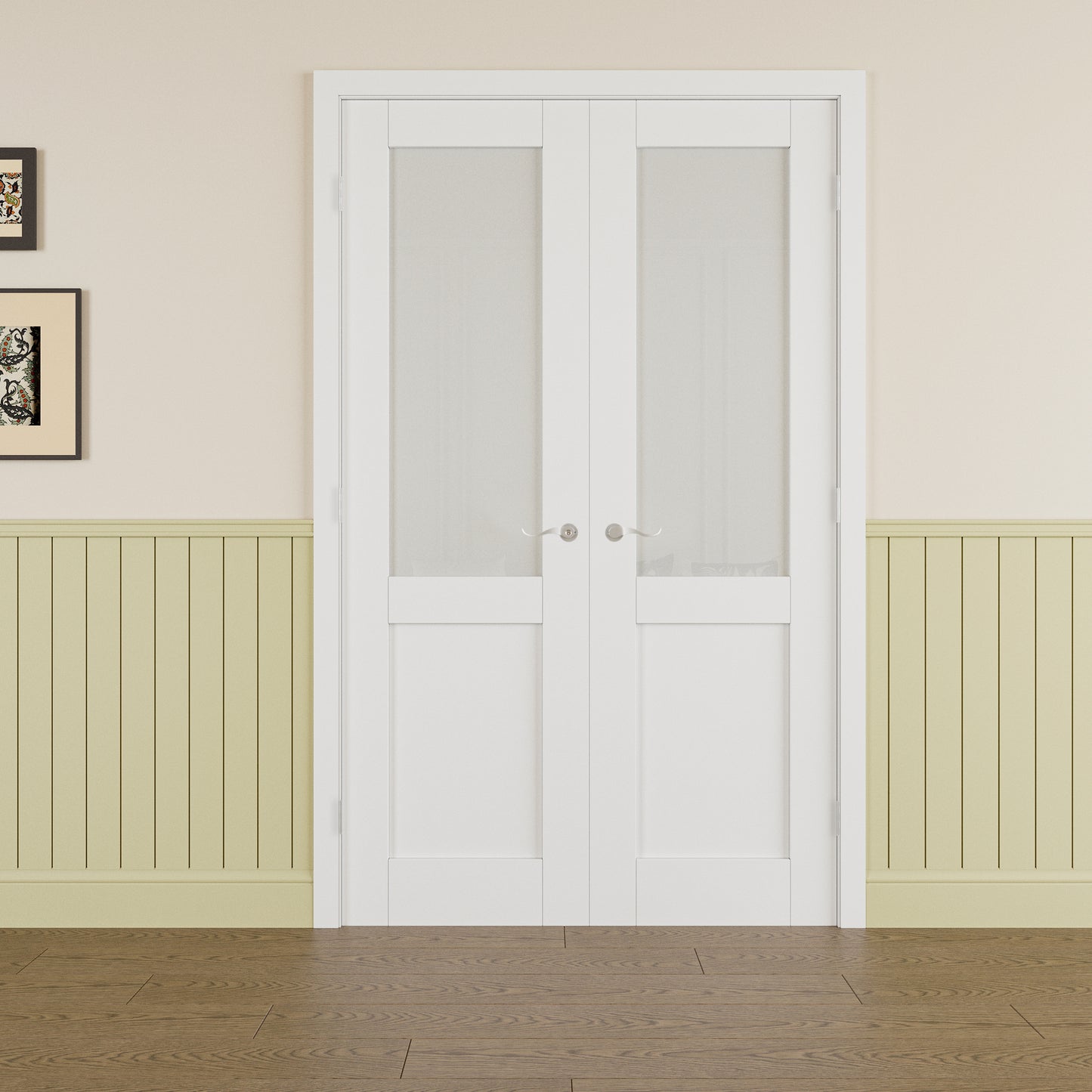 JUJUBON Prehung French Door, Half-Lite Frosted Glass Panel with Sliver Handware Kits, 4 Levers & Latch, Solid Core Interior Doors, Pre-Finished & Paintable, MDF Double Doors Interior