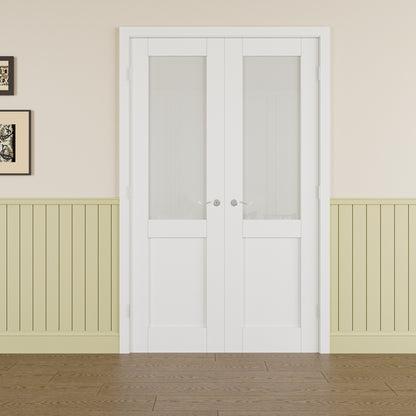 JUJUBON Prehung French Door, Half-Lite Frosted Glass Panel with Sliver Handware Kits, 4 Levers & Latch, Solid Core Interior Doors, Pre-Finished & Paintable, MDF Double Doors Interior
